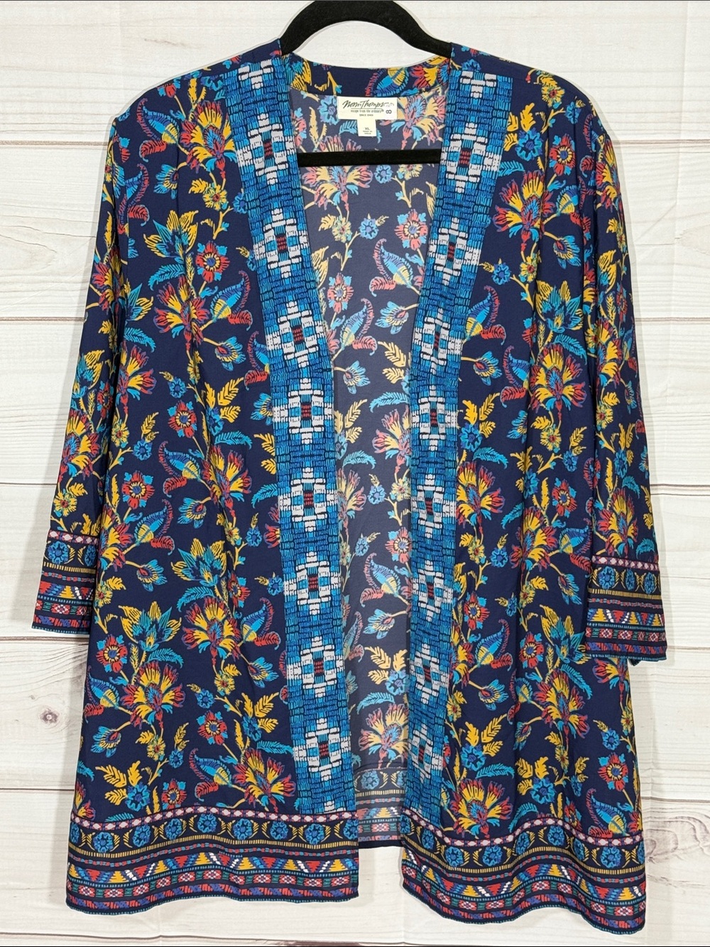 Norm Thompson Navy Floral Open-Front Jacket with Blue Trim Size XL